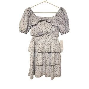 Badgley Mischka Blue Floral Mini Dress Bows Short Puff Sleeves Coquette Size 10